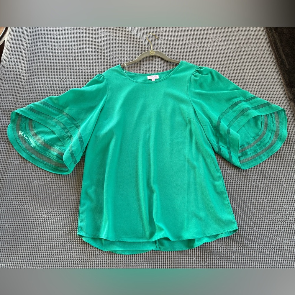 Pink Lily Vibrant Green Blouse with Bell Sleeves